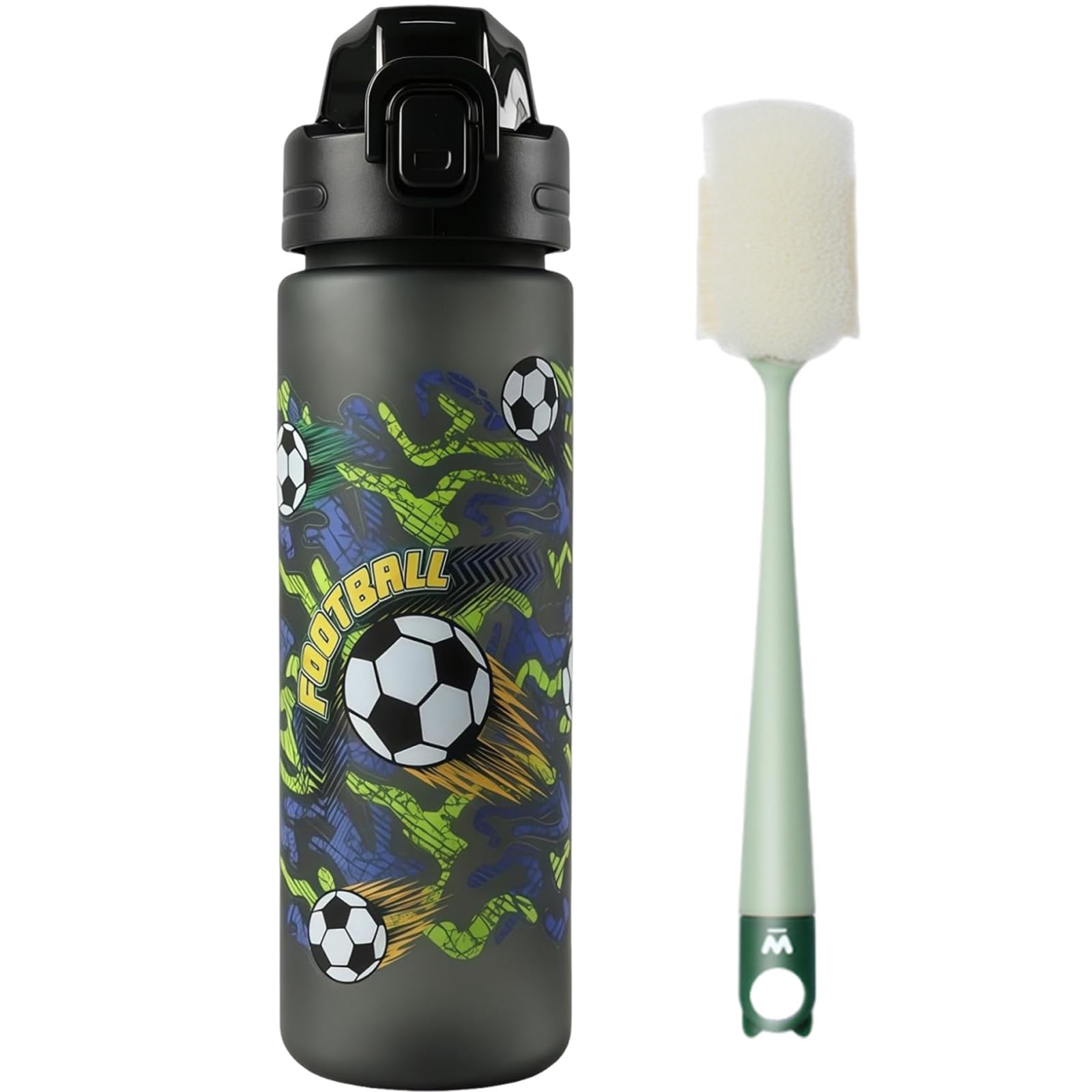 KFSCIP Football Bottle, World Cup Soccer Water Bottle,Sports Water Bottle for Boys, Kids Water Bottle, Boys Drinks Bottle, 700 ml Capacity,A green water bottle with a sponge cleaning brush