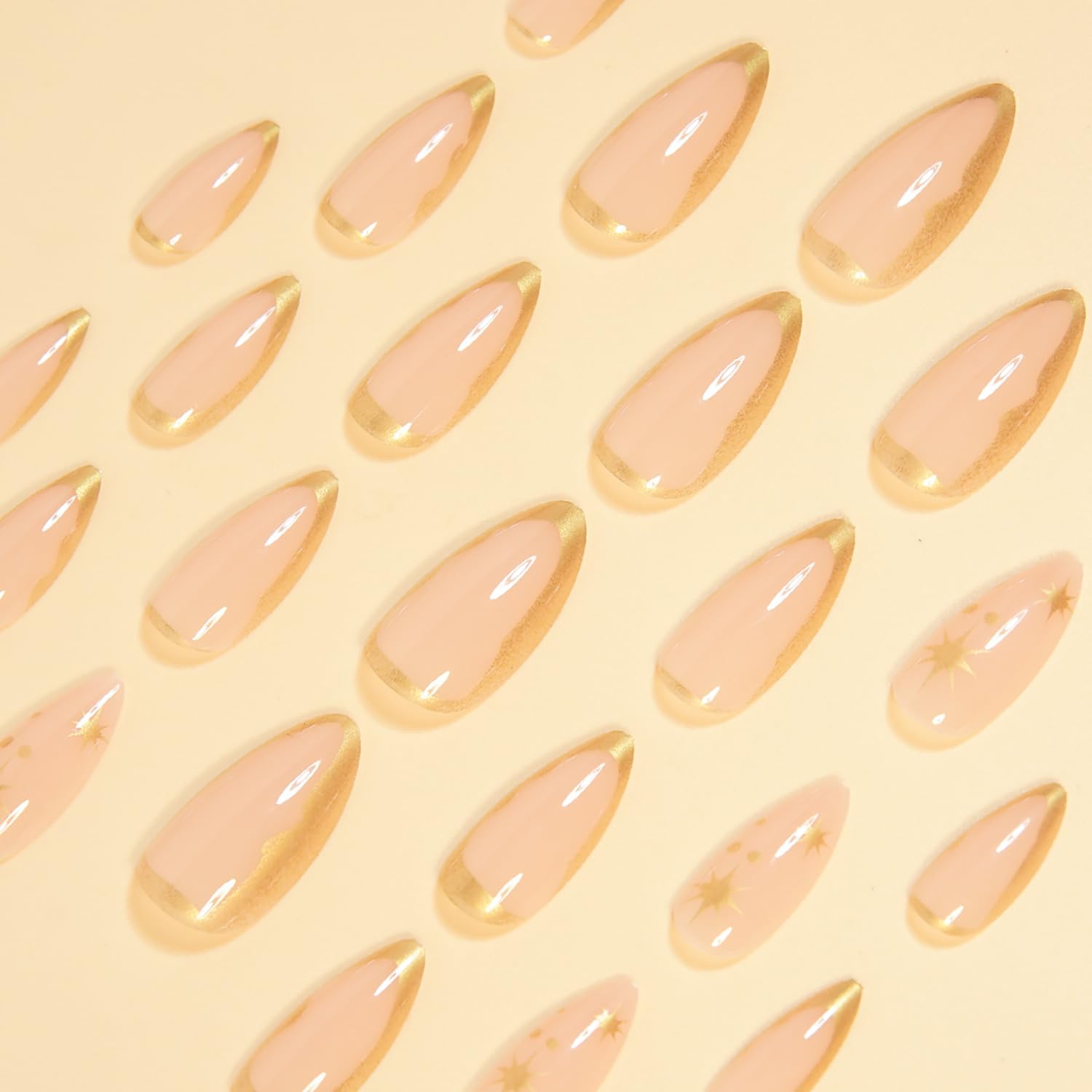 RIICFDD Short Almond Press on Nails Gold French Tip Fake Nails 24Pcs image 2