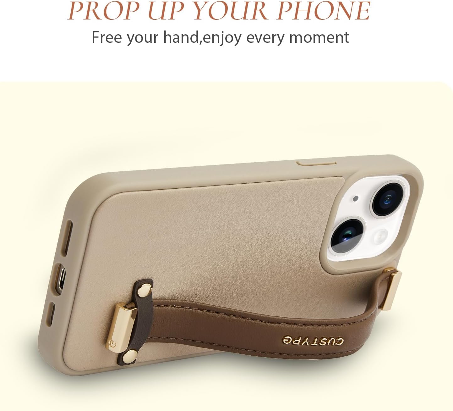 CUSTYPE Compatible with iPhone 13/14 Case with Wrist Band Strap Kickstand,Adjustable Finger Grip Loop Leather Case,Shockproof Protection Holder Cover for iPhone 14/13 6.1 inch-Brown