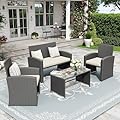 VONZOY Patio Furniture Set 4 PiecesOutdoor Furniture with Soft Cushion and GlassTable, All Weather Manual Weaving WickerRattan Patio Chairs for Garden, Terrace, Porch,Lawn (Black/Beige)