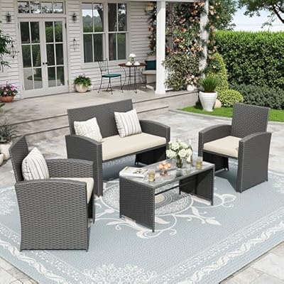 VONZOY Patio Furniture Set 4 PiecesOutdoor Furniture with Soft Cushion and GlassTable, All Weather Manual Weaving WickerRattan Patio Chairs for Garden, Terrace, Porch,Lawn (Black/Beige)