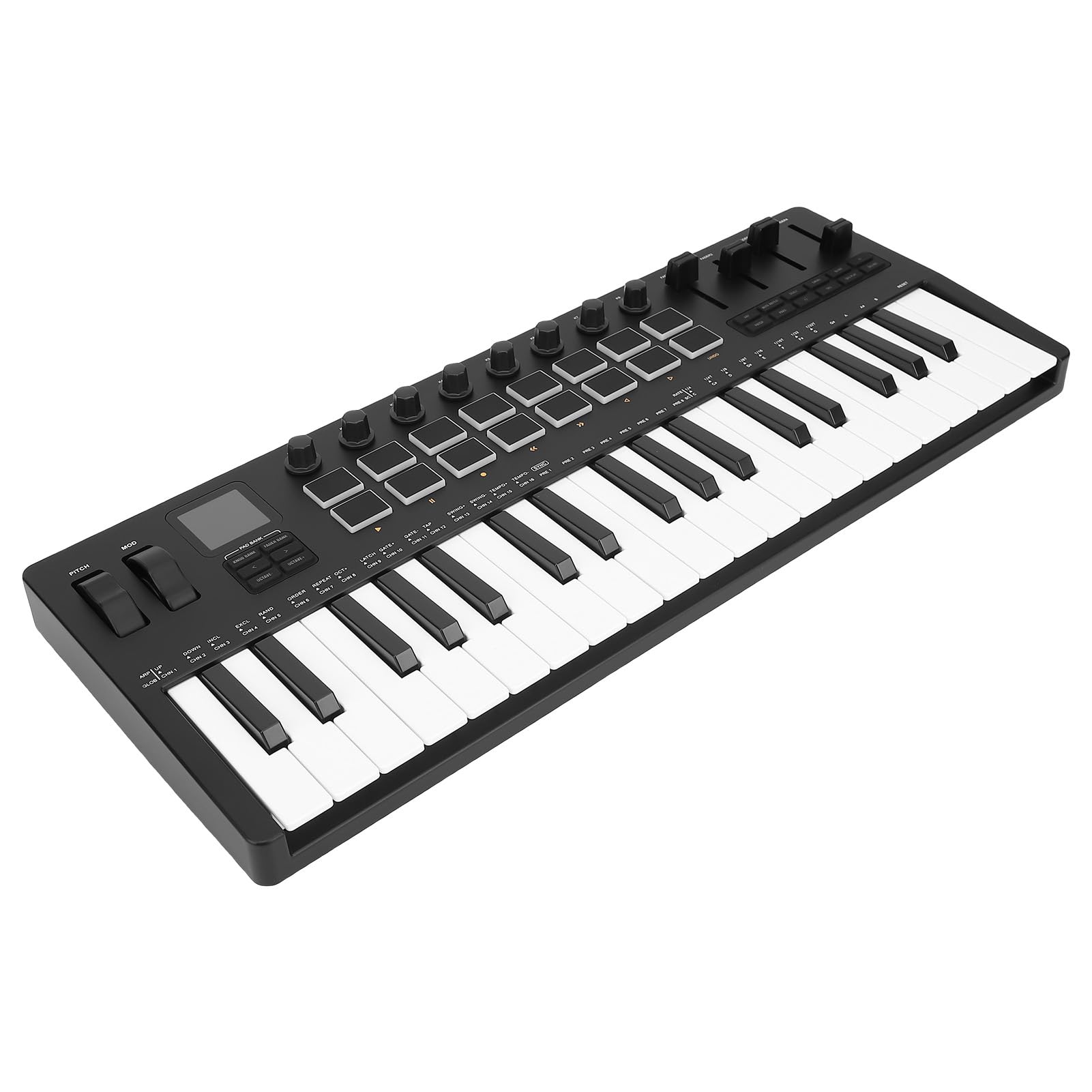 Asixxsix Controlador de teclado MIDI de 37 teclas, 16 pads de batería retroiluminados RGB, teclado dinámico profesional Bluetooth, 8 perillas y producción musical para producción