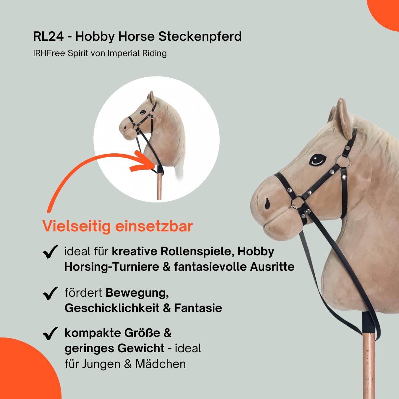 RL24 - Hobby Horse Pferde IRHFree Spirit von Imperial Riding – Steckenpferd – Spielpferd aus Plüsch mit Holzstock & kurzer Mähne – Stockpferd ohne Griffe & Rollen – Hobby Horsing – Beige