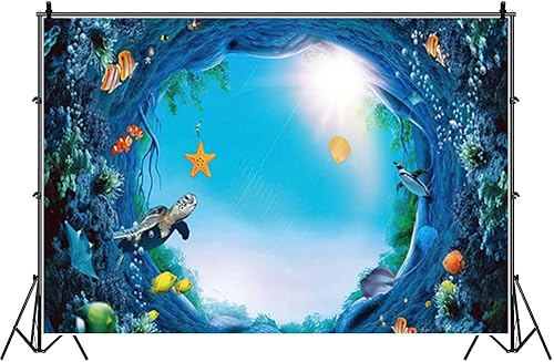 Renaiss Fondo de poliéster bajo el mar de 10 x 7 pies, peces tropicales, tortugas marinas, luz del sol, océano, animales, acuario, fotografía, fondo