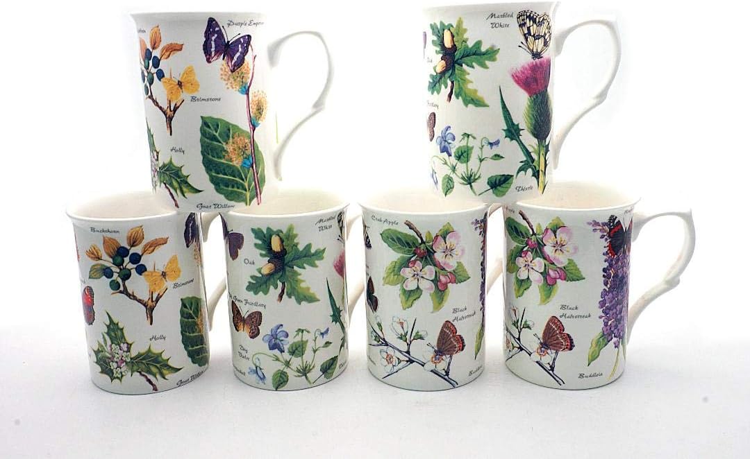 SET OF 6 FINE BONE CHINA WOODLAND BUTTERFLY MUGS
