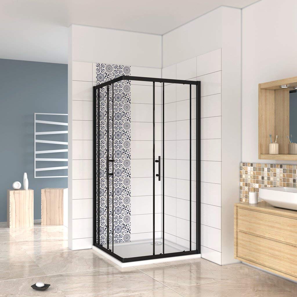 190 cm Box Doccia Angoalre Porte Scorrevoli Vetro Temperato 6 mm Trasparente Anticalcare Telaio Nero Opcao 100x80 cm