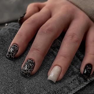 Medium Press on Nails Square Black Fake Nails with Leopard Print Design Full Cover Press ons Artificial Acrylic False Stick on Nail for Women Girls Daily Wear Wedding Manicure 24Pcs