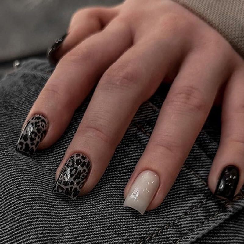 BAOYAALIN Medium Press on Nails Square Black Fake Nails with Leopard Print Design Full Cover Press ons Artificial Acrylic False Stick on Nail for