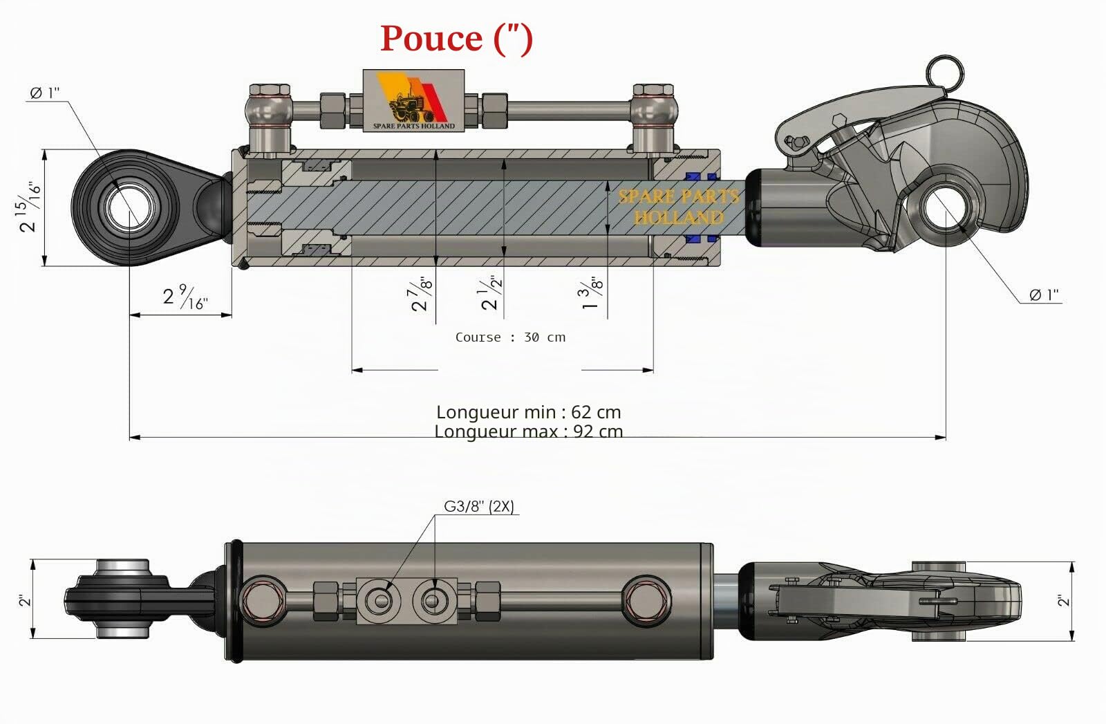 Barre de Poussée Hydraulique Cat 2 + Crochet, 300 mm, Bloc de Verrouillage avec tuyaux.
