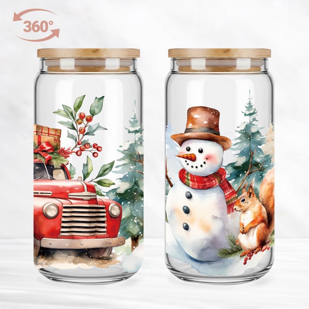 Christmas Winter Snowman Glass Cups Mug Gifts for Women,Friends,Sister,Kids,16oz Drinking Glass Coffee Cups with Lid and Straw,Christmas Glasses Tumbler Office Gifts -73 - Image 3