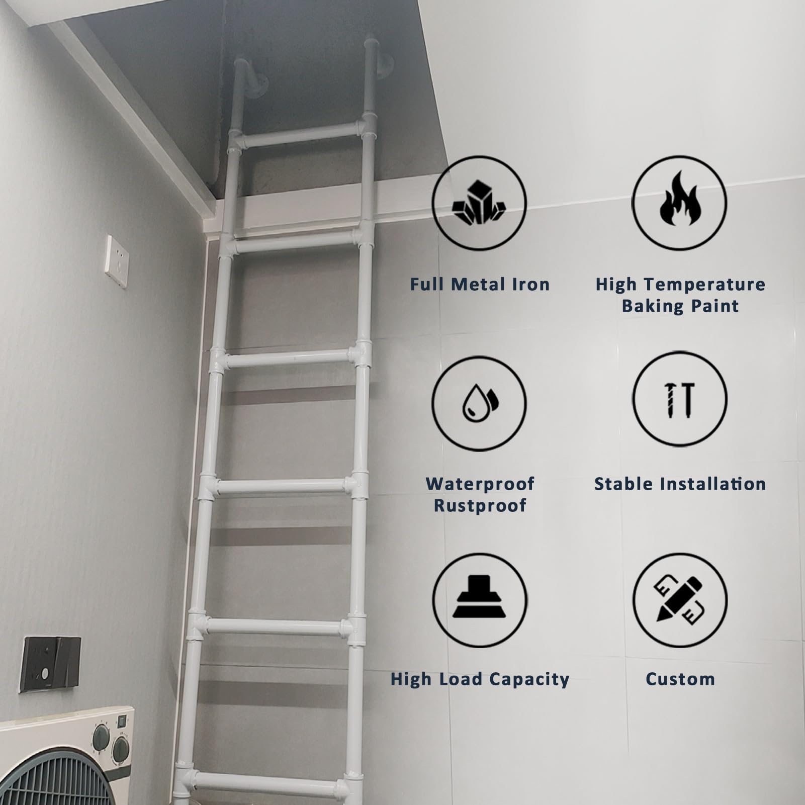 Escalera de Metal para literas de tamaño Doble sobre tamaño Completo, Escalera Tipo Loft para ático montada en la Pared, para ático, Dormitorio, Biblioteca, litera, terraza, RV(150cm/59in)