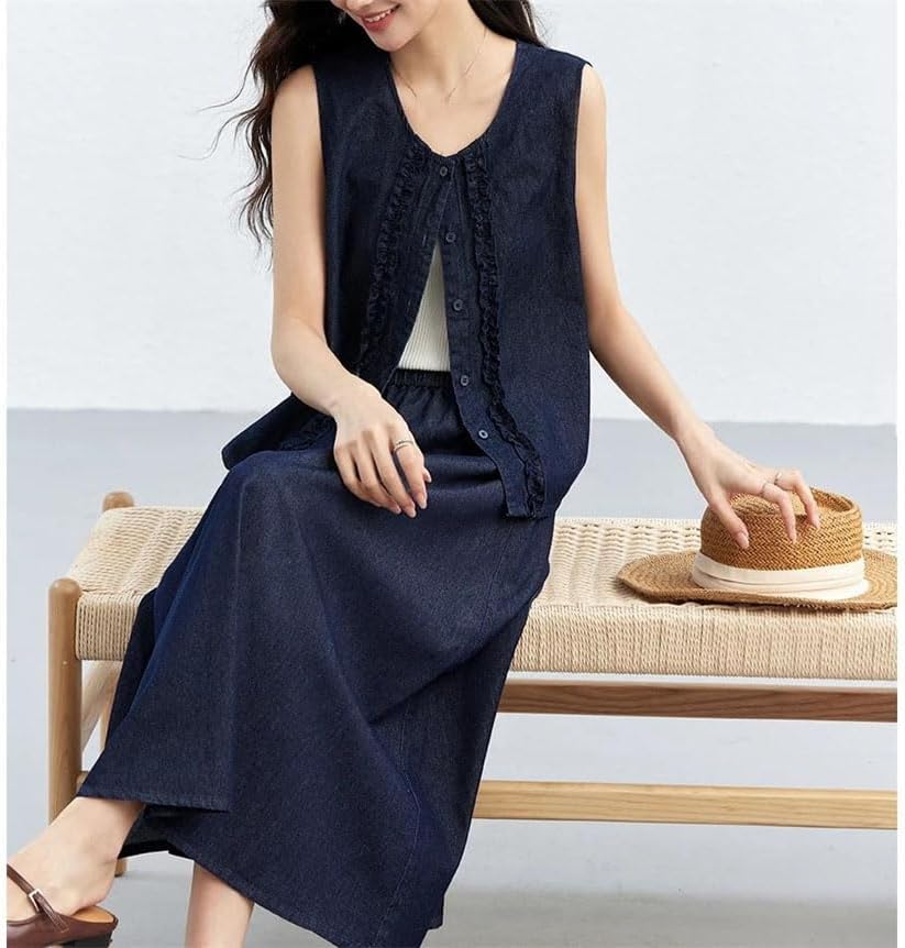 Women's Round Neck Sleeveless Single Breasted Button Vest And Mid Calf A-Line Skirt Two Piece Set Work Clothing