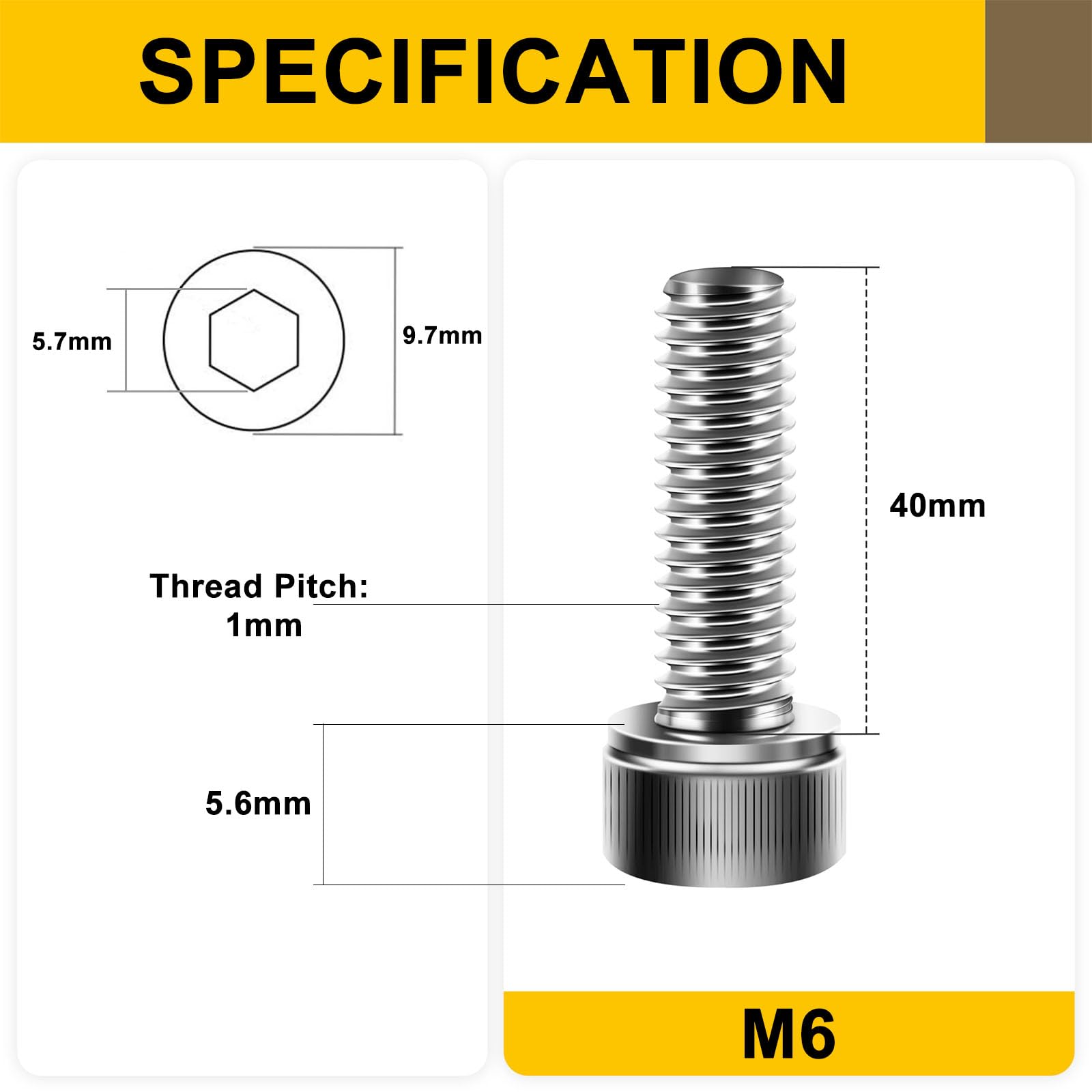 20Pcs M6 x 40mm Hex Socket Head Cap Screws Bolts, 304 Stainless Steel, Allen Socket Drive, Bright Finish, Full Threads - Image 2
