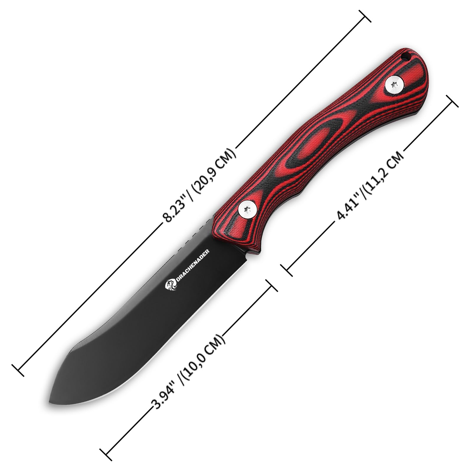 DRACHENADER Cuchillo Supervivencia Red-Rock, Full Tang para Exteriores, Hoja 10, 3 cm de Acer D2, Nessmuk con Funda Kydex