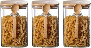 Airtight Glass Storage Canister, Food Storage Jar Glass Storage Containers with Sealing Bamboo Lid Spoon BPA-Free Stackable Kitchen Jars for Sugar Pasta Coffee Beans (3 Combination Packs)