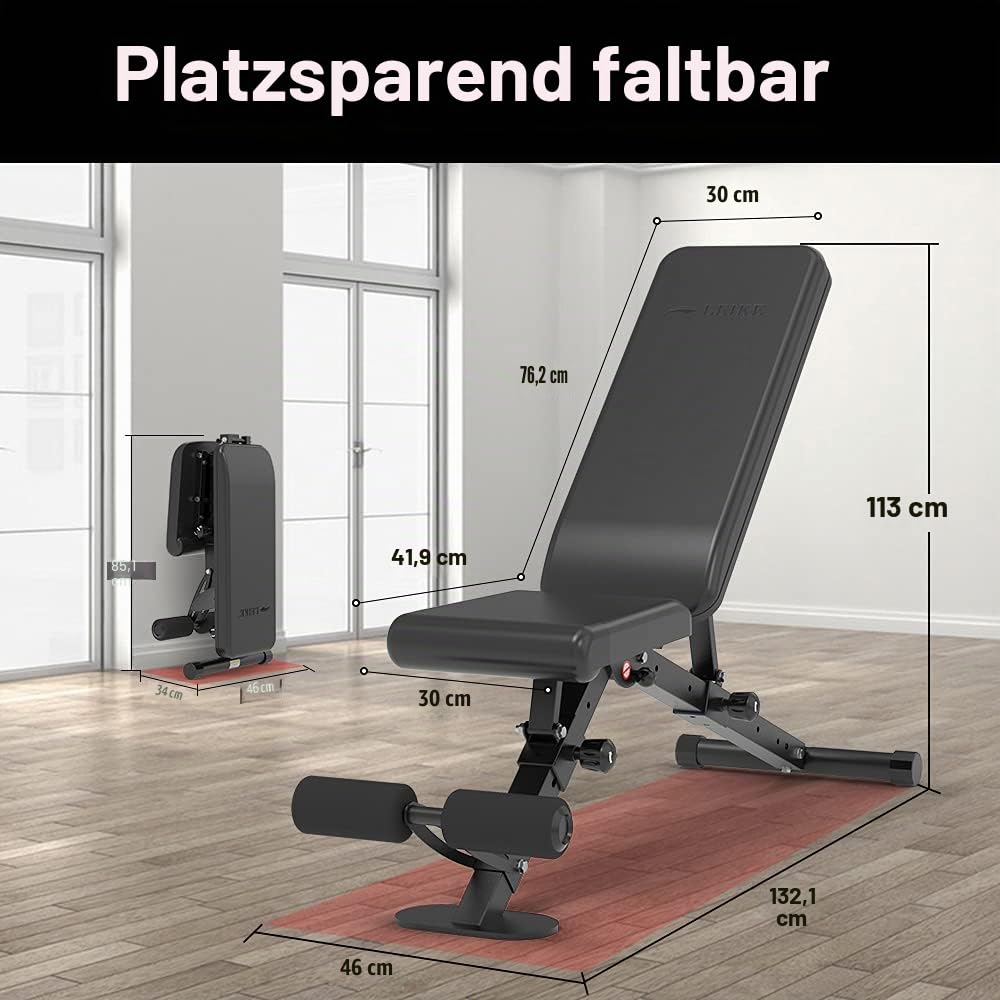 leikefitness Verstellbare Hantelbank, faltbare Trainingsbank mit automatischer Verriegelung für aufrechte Neigung und flache Ganzkörperübungen
