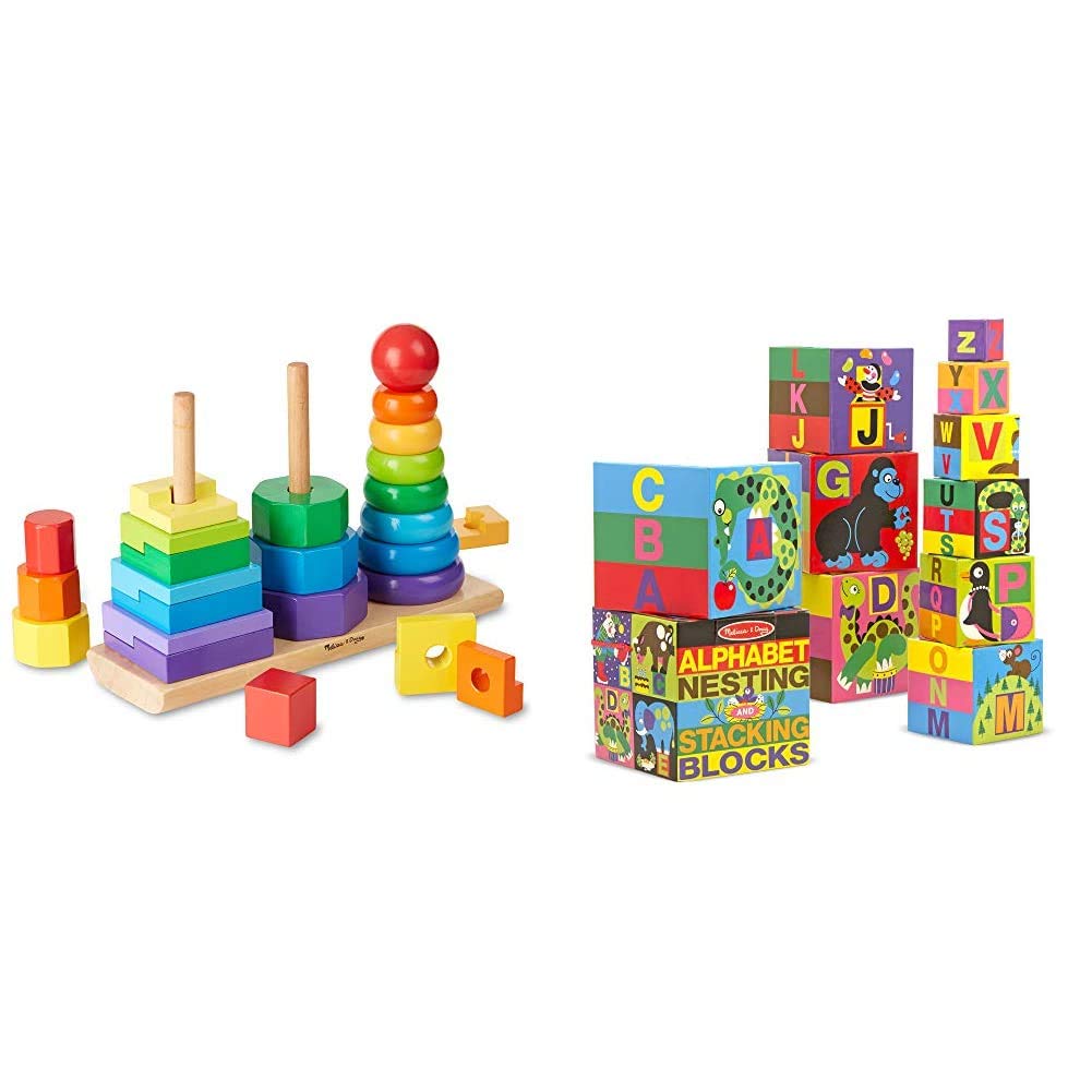 Melissa & Doug Geometric Stacker | Developmental Toy | Motor Skills | Problem Solving & English Alphabet Nesting and Stacking Blocks (LC) | Developmental Toy | Blocks & Building | 2+
