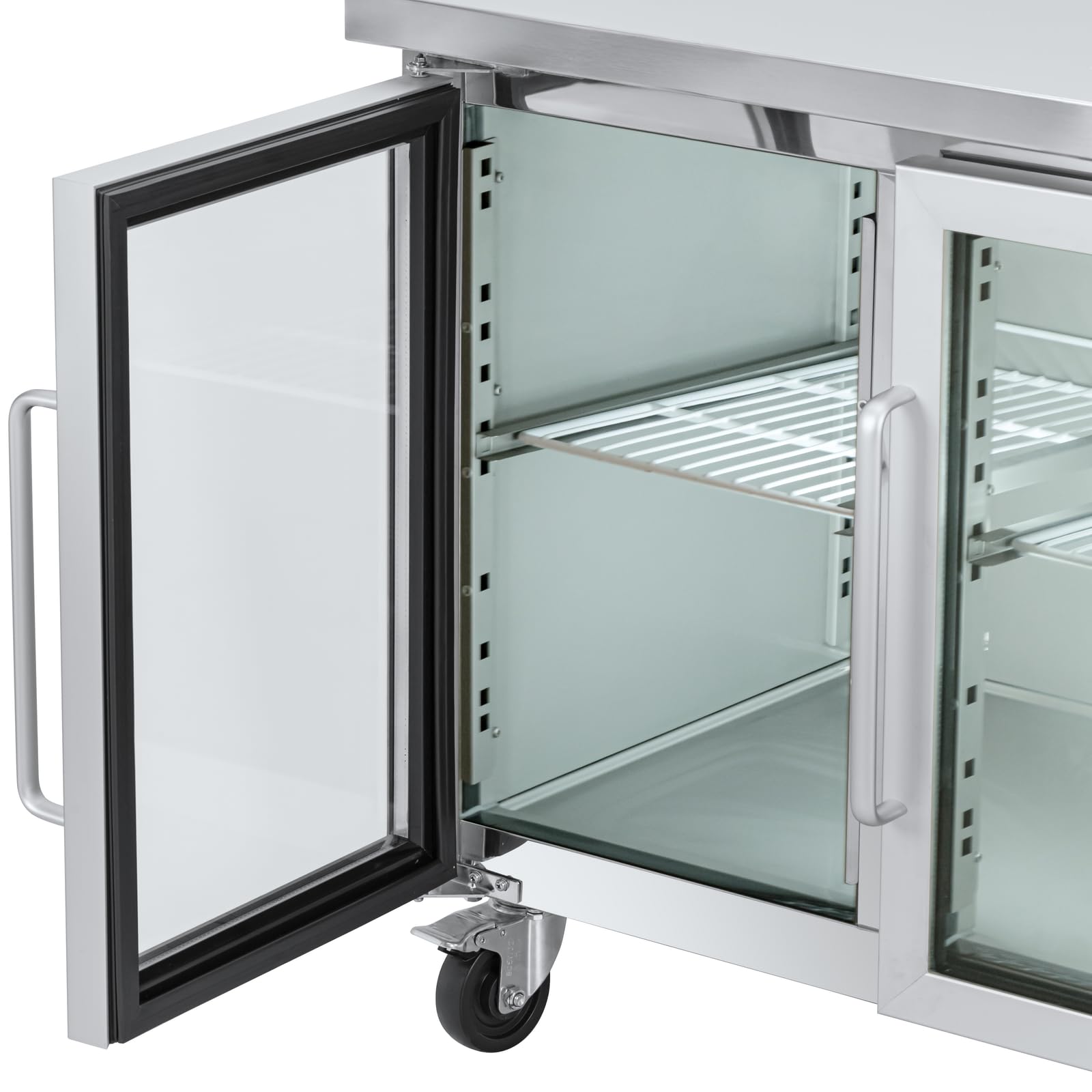 Royal Catering Banco refrigerato su ruote 410 l 3 porte in vetro 179,5 x 73 cm - Classe B - Acciaio inox - Royal Catering Tavolo refrigerato Banco frigorifero Banco frigo per gastronomia