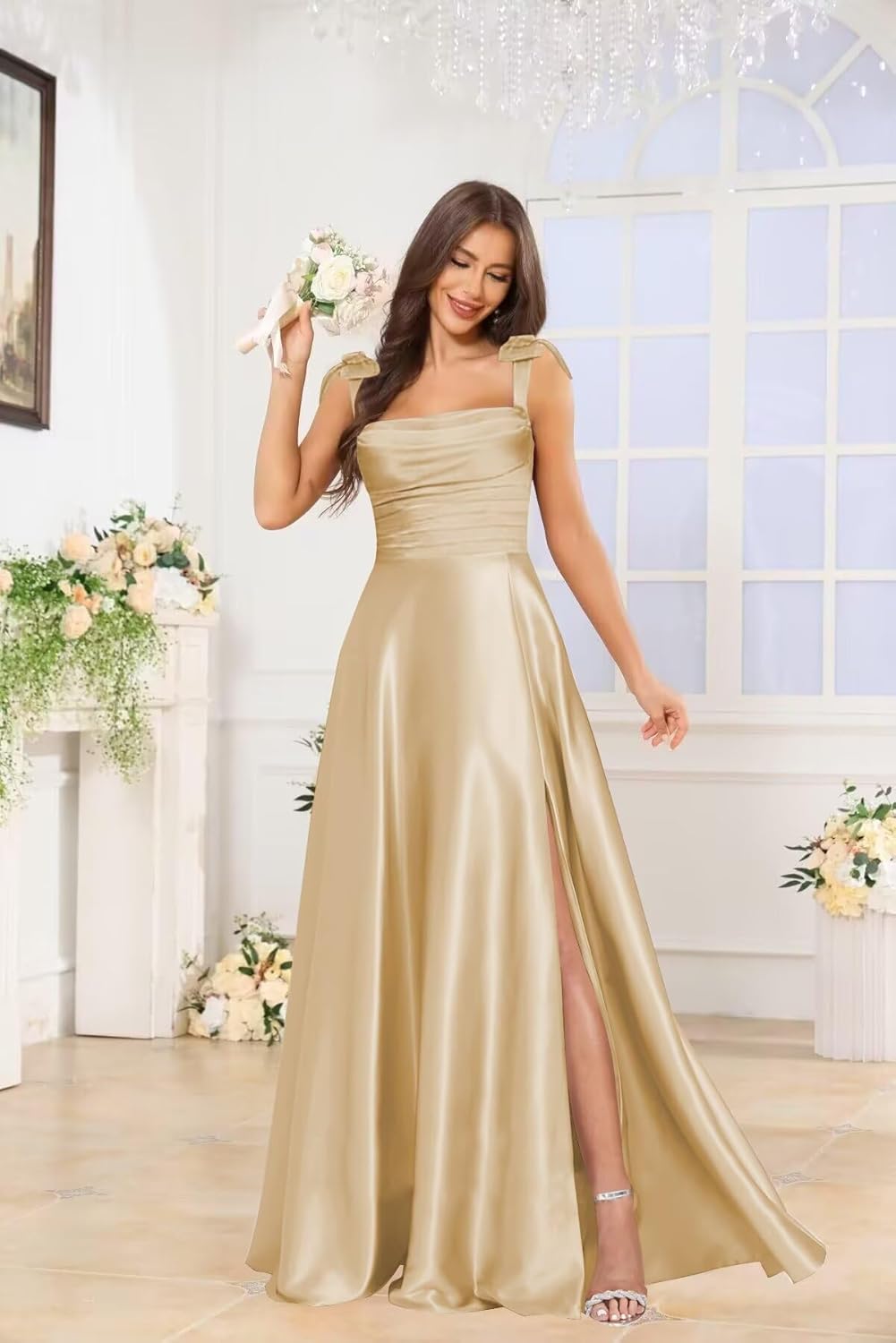 homdor Satin Bridesmaid Dresses 2026 with Slit Spaghetti Straps Pleated Sqaure Neck A Line Formal Evening Gown with Pocket