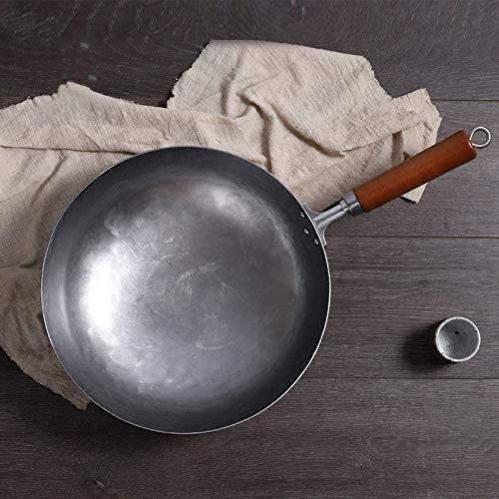 Wok Chinois Non revêtu, forgé à la Main, en Acier au Carbone, avec Manche en Bois et Anneau de Levage (Fond Rond), 34 cm