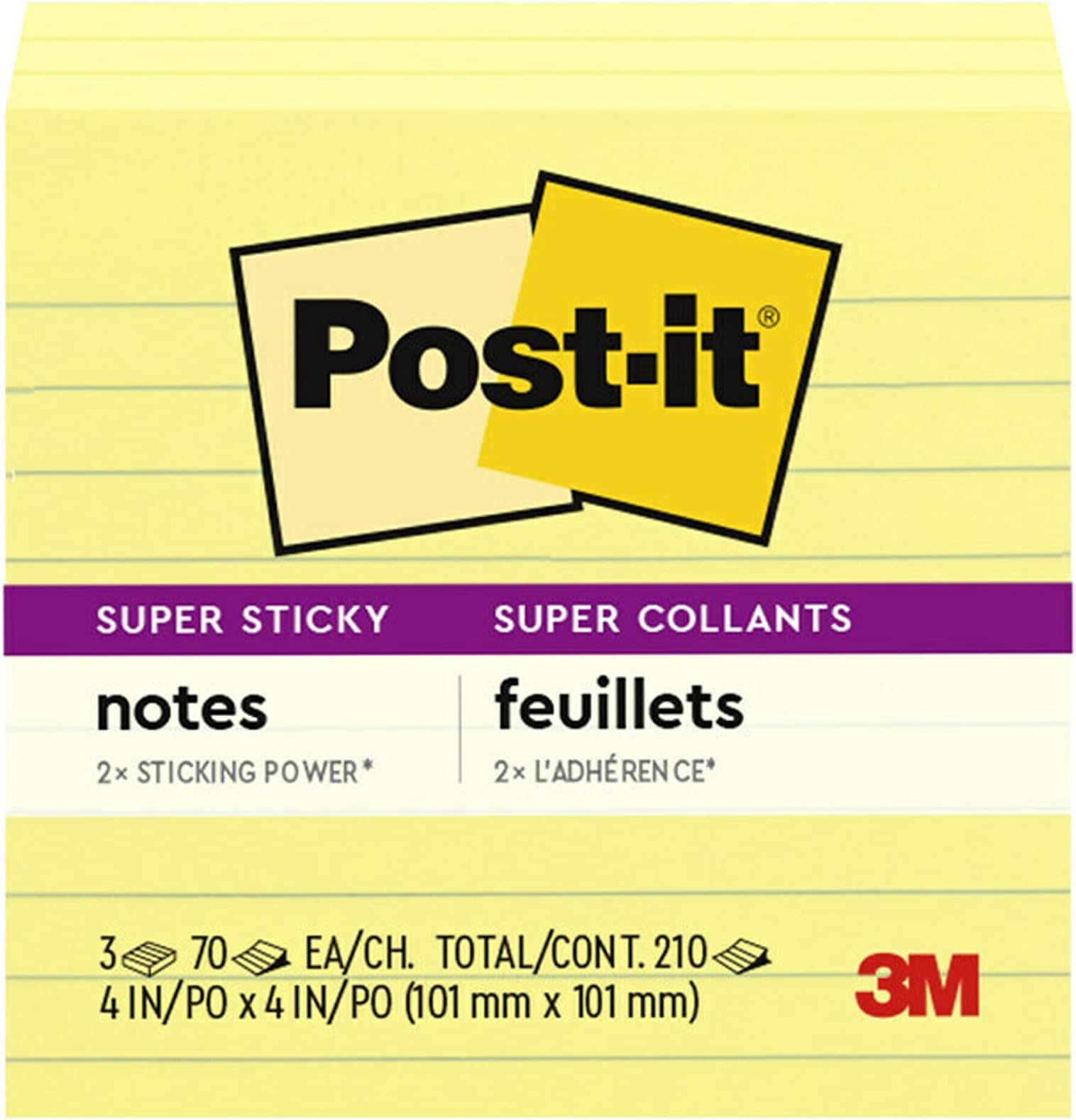 Post-it Super Sticky Notes, 4x4 in, 3 Pads, 2x the Sticking Power, Canary Yellow, Recyclable (4470-3SSCY)