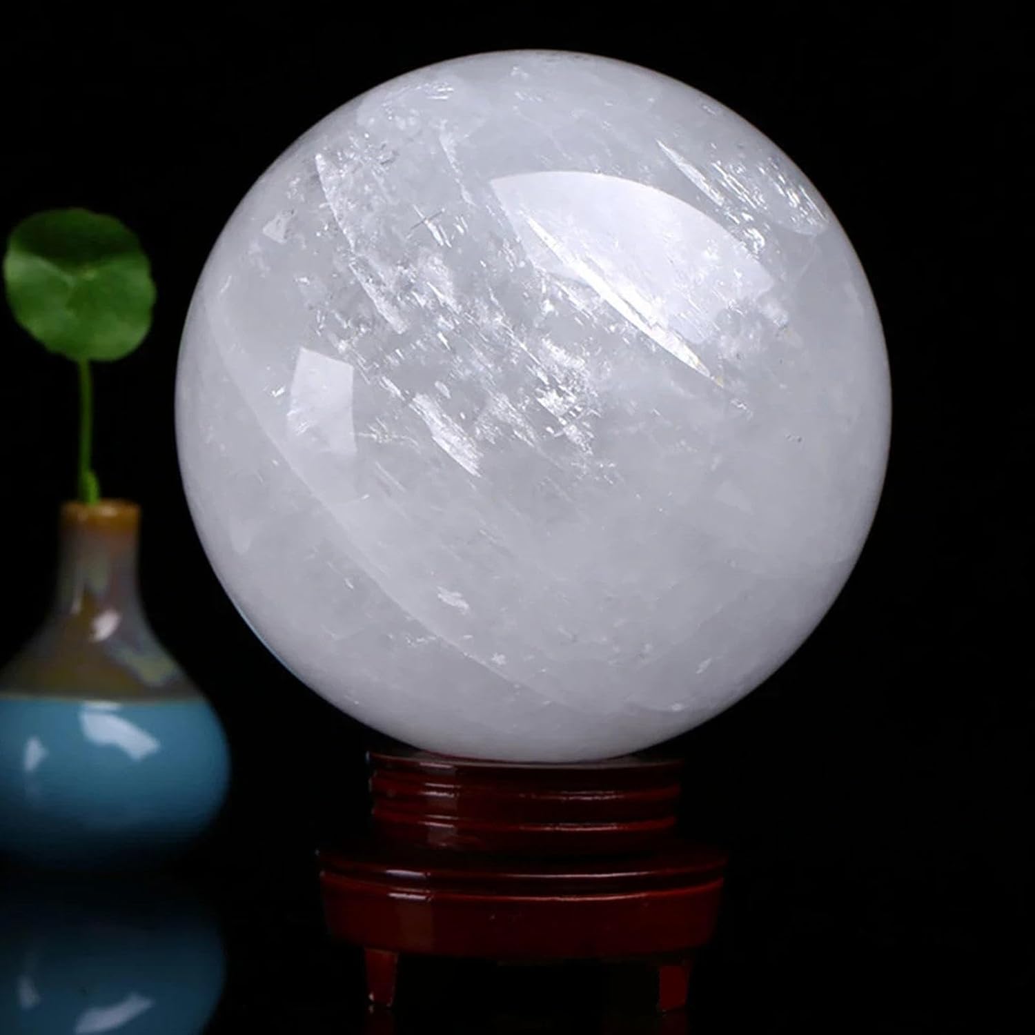 White Calcite Ball Quartz Crystal Sphere Ball with Wooden Stand, Stones Minerals Specimens Gem Stone for, Divination, Home Decoration,Diameter2.8