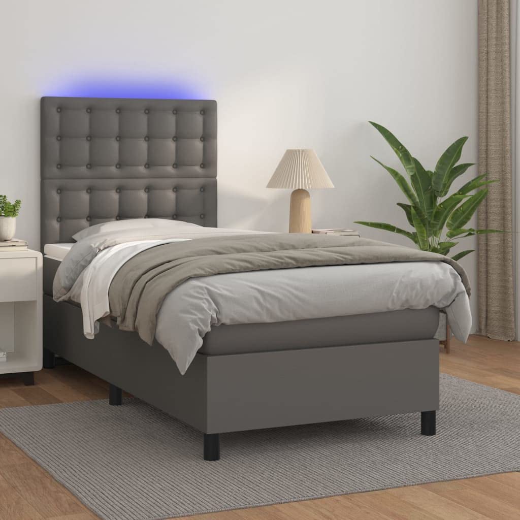 Kunstleder Boxspringbett mit LED Beleuchtung höhenverstellbares Kopfteil | Boxspringbett mit Matratze & LED Grau 100x200 cm Kunstleder mit Kopfteil verstellbar Taschenfederkernmatratze Topper USB