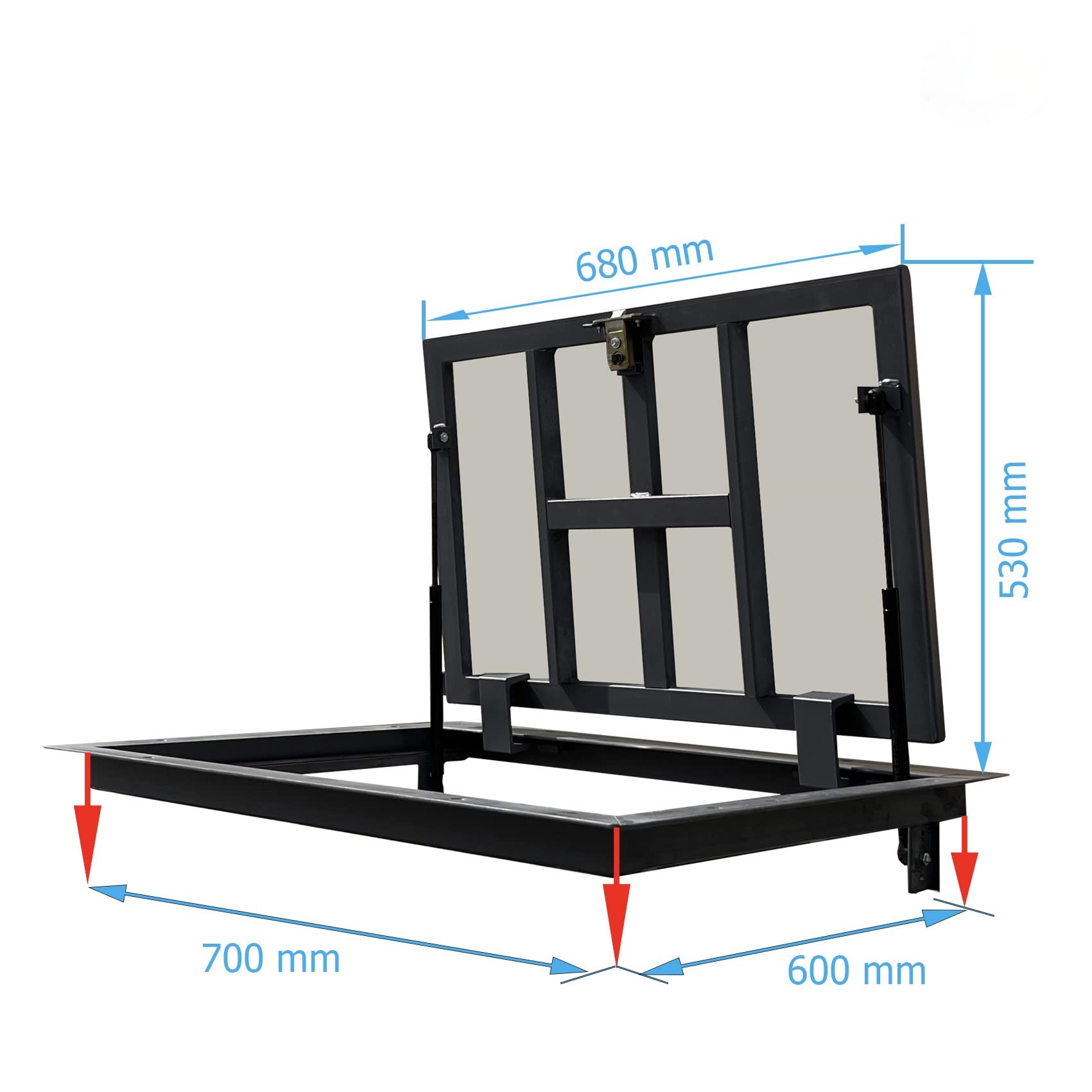 Właz Podłogowy 600 x 700 mm - Właz do Piwnicy Rewizyjny Podłogowy - Metalowa Pokrywa z Amortyzatorem Gazowym i Uchwytem Oraz Gumową Uszczelką