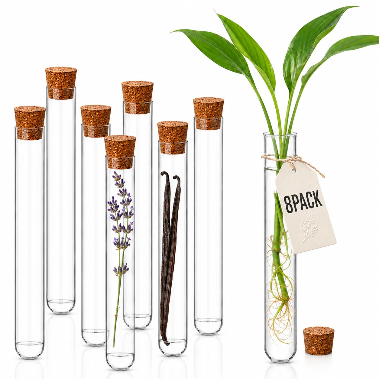 Homoyoyo Tubes à Essai En Verre Transparent - 8 Pièces De 300 Mm - Flacons En Verre Pour Gousses De Vanille Stockage De Bonbons Décoration Et Laboratoire