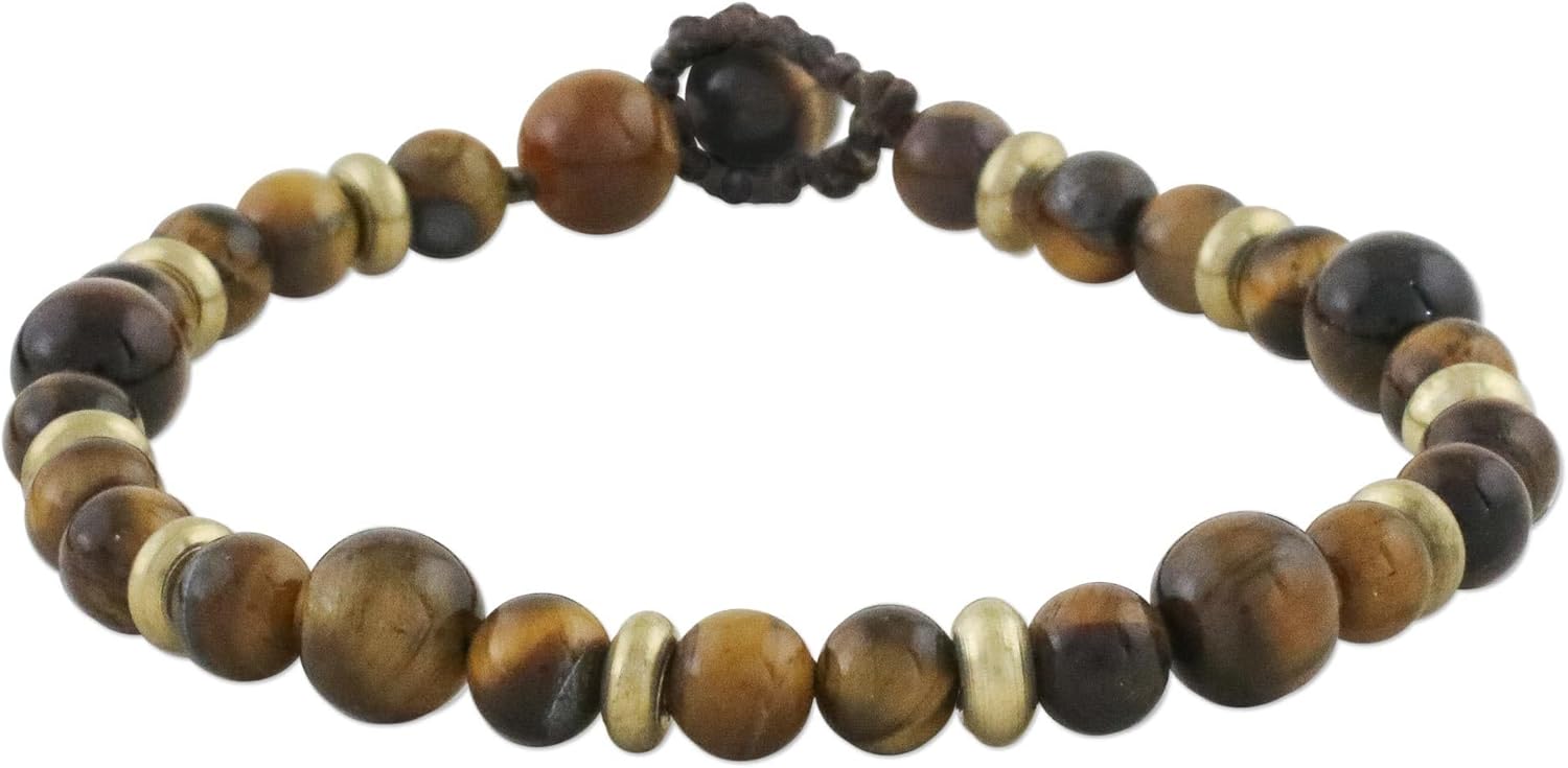 NOVICA Artisan Handmade Tigers Eye Beaded Bracelet Crafted of Brass Brown Or Gold Thailand [7.75 in min L x 8.25 in max L 8 mm W] ' Courageous Eye'