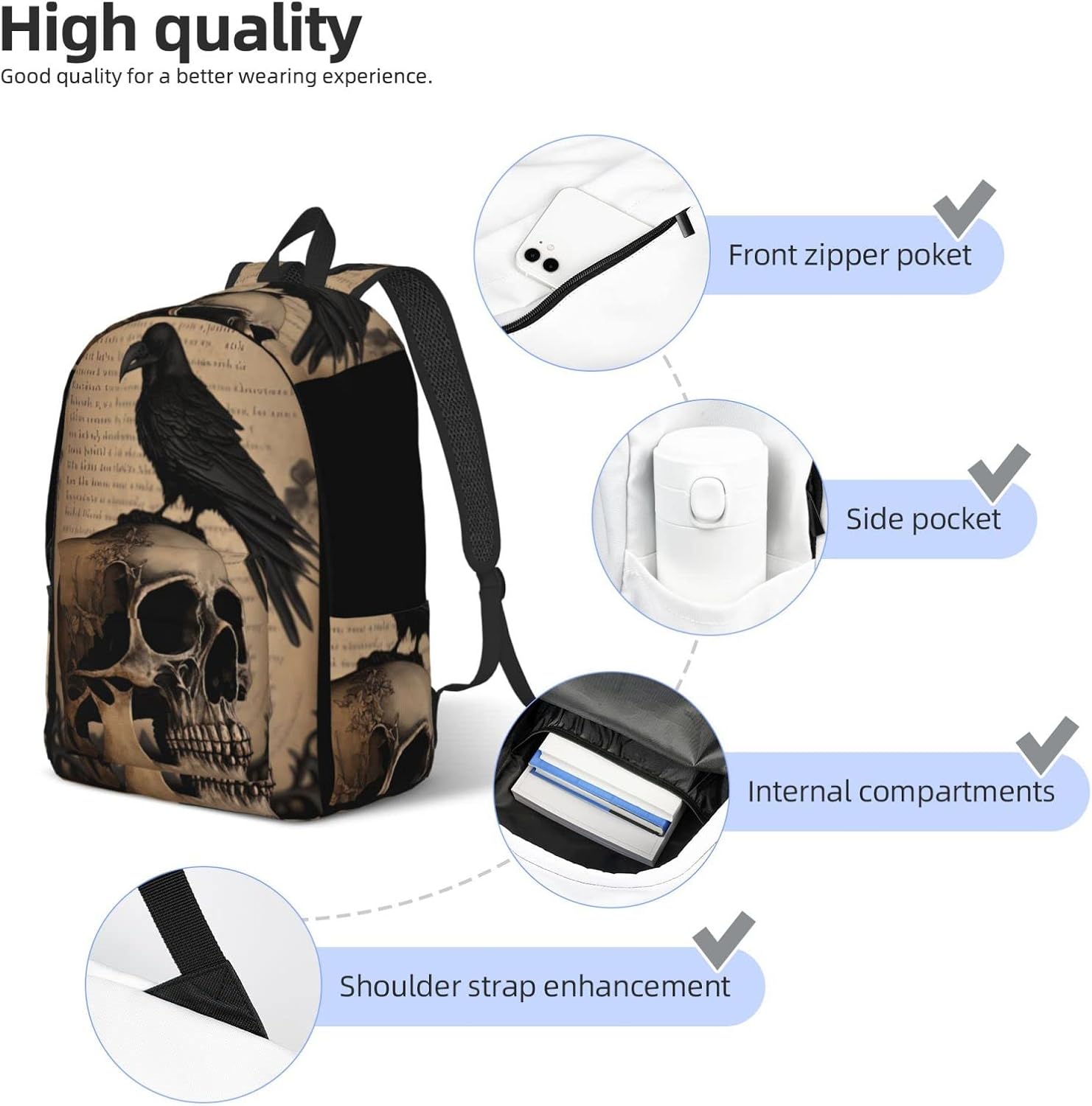 Edgar Allan Poe The Raven Skull Backpack with Adjustable Straps, Suitable for Travel Picnics Activities - Image 5