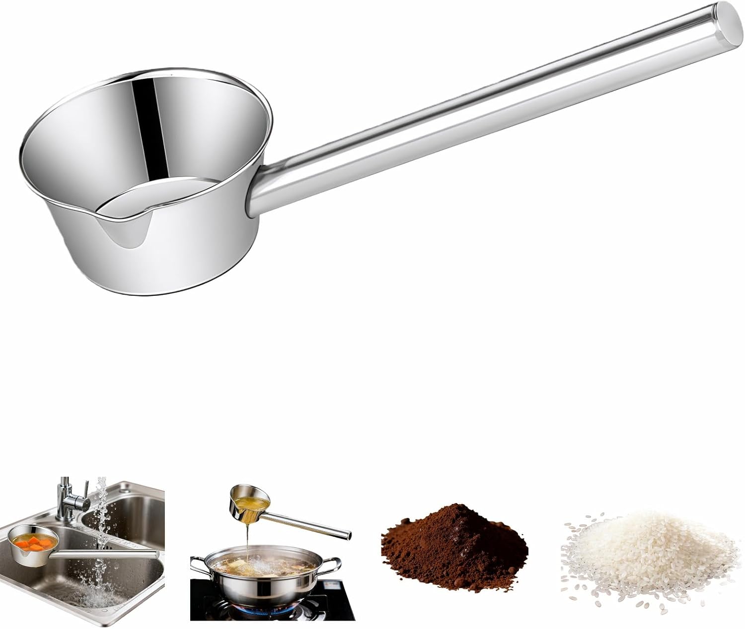 Stainless Steel Long Handle Scoop, Eagle Beak Spout Design - Multipurpose Kitchen, Bath, Garden Ladle Cup for Oil, Soup, Shampoo, Pet Food 13.8 inch Heat-Resistant Handle