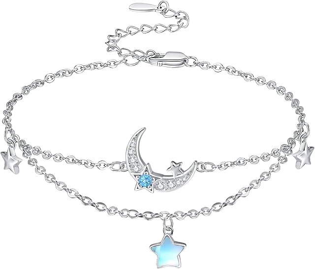 KINGWHYTE Moon Star Bracelet 925 Sterling Silver Adjustable Bracelet Moon and Star Layered Anklets Jewellery Gift for Women Girl Wife Friends