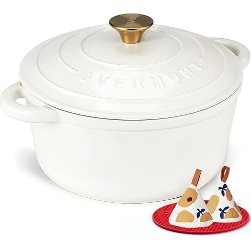 Overmont Enameled Cast Iron Dutch Oven - 5.5QT Pot with Lid Cookbook & Cotton Potholders - Heavy-Duty Cookware for Braising, Stews, Roasting, Bread Baking Pearl White