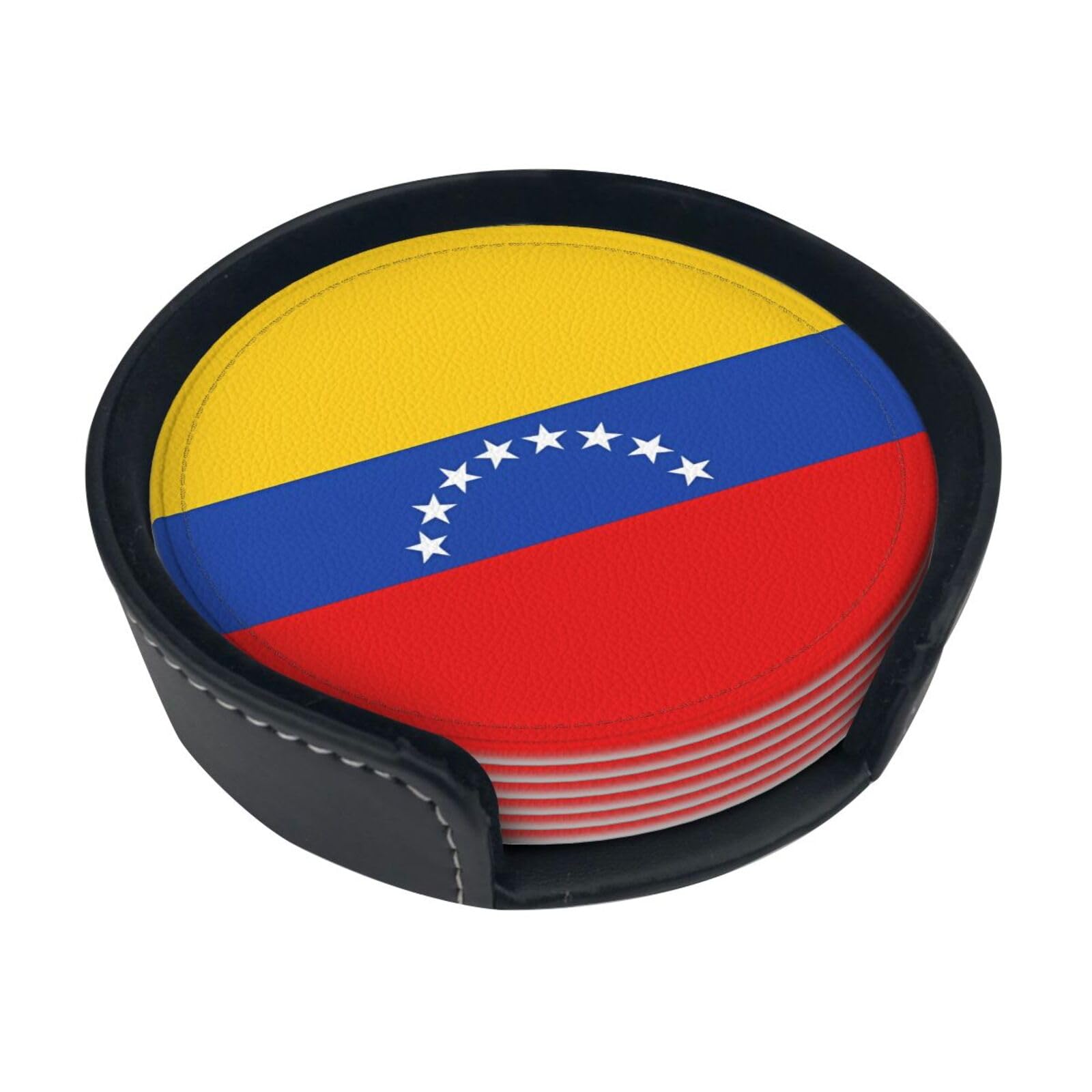 Flag of Venezuela Printed Coaster Set, with Holders, 6 Pieces. Suitable for Dining Tables, Kitchen Decor, and Coffee Tables.