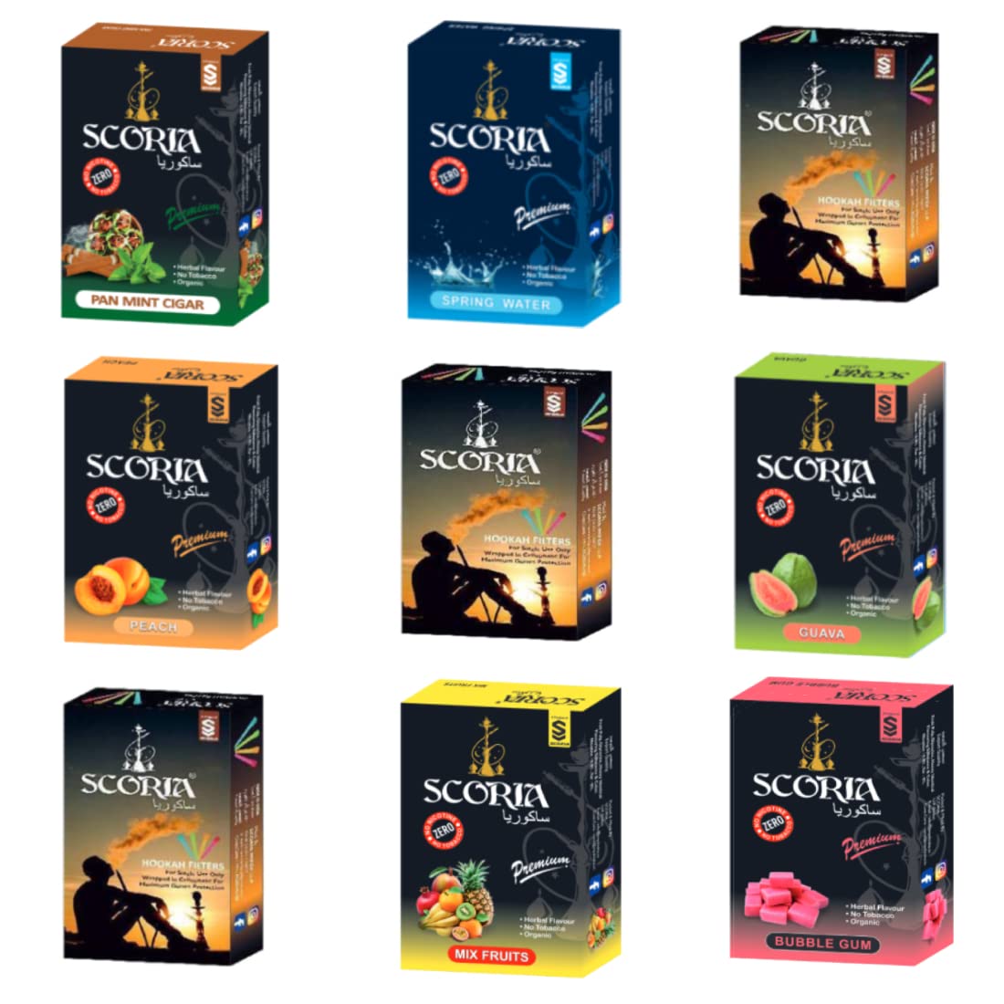 SCORIA Herbal Hookah Molasses (100% Nicotine and Tobacco Free) PAN MINT CIGAR,GUAVA,PEACH,X ON THE BEACH, MIX FRUITS,BG Flavor (Pack of 9)