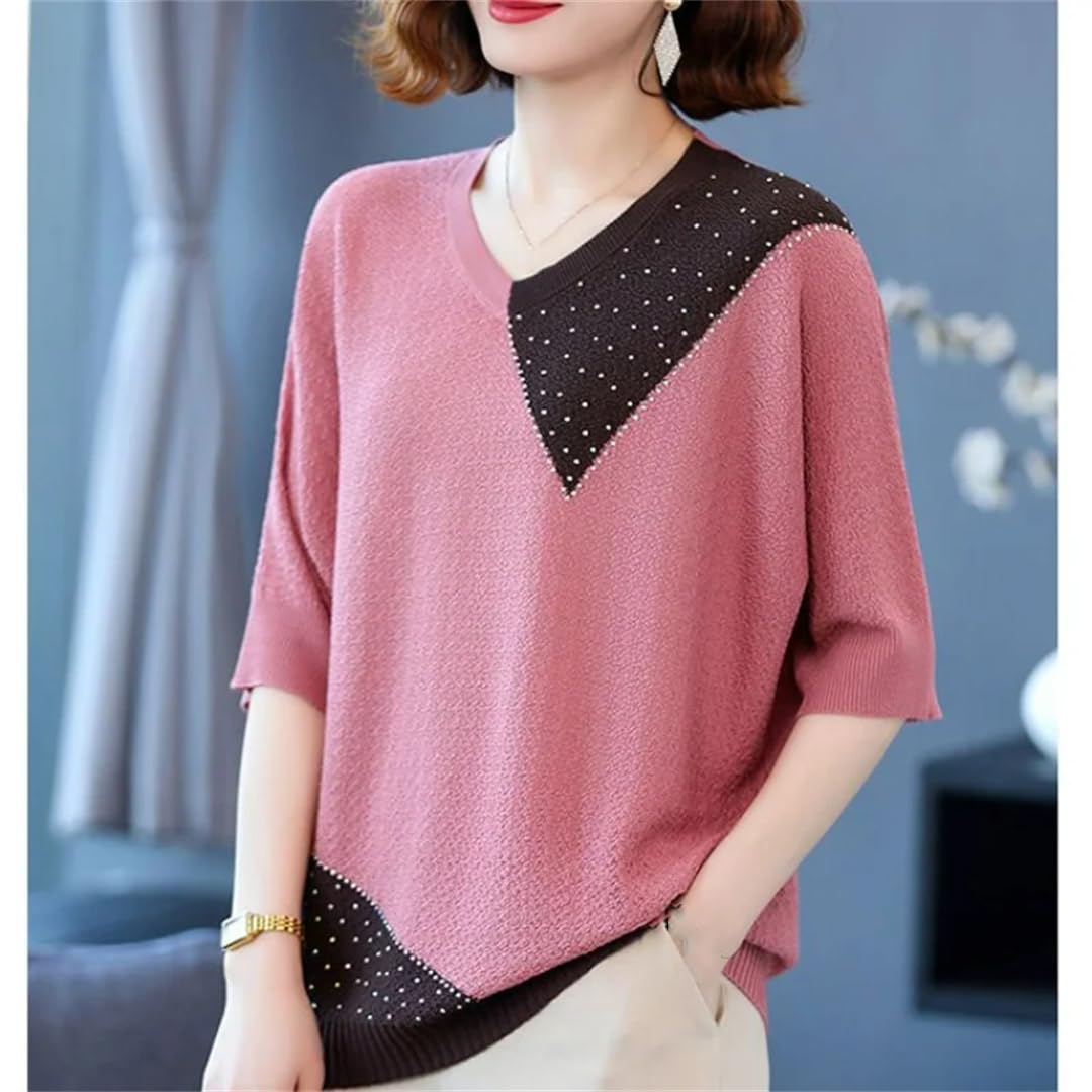 Wjnvfioo Moda Donna Maglia T-Shirt Primavera Estate Mezza Manica Scollo a V Sciolto Contrasto Colore Pullover Casual Top