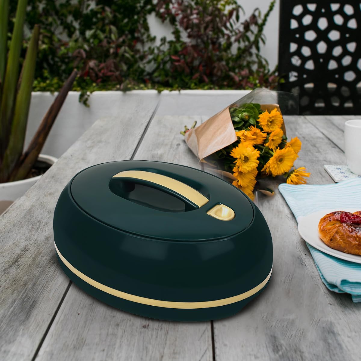 Grand plat de transport isotherme ovale élégant - Couvercle ouvert à une main - 3,15 l - Réchauffeur/refroidisseur de luxe - Bol de service thermique pour buffet/fête - Récipient pour aliments chauds
