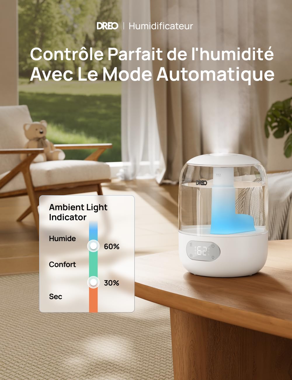 DREO Humidificateur d'air pour chambre à coucher, brume fraîche pour la maison et les grandes pièces, humidificateur silencieux pour bébé, veilleuse, diffuseur essentiel, humidificateur à ultrasons