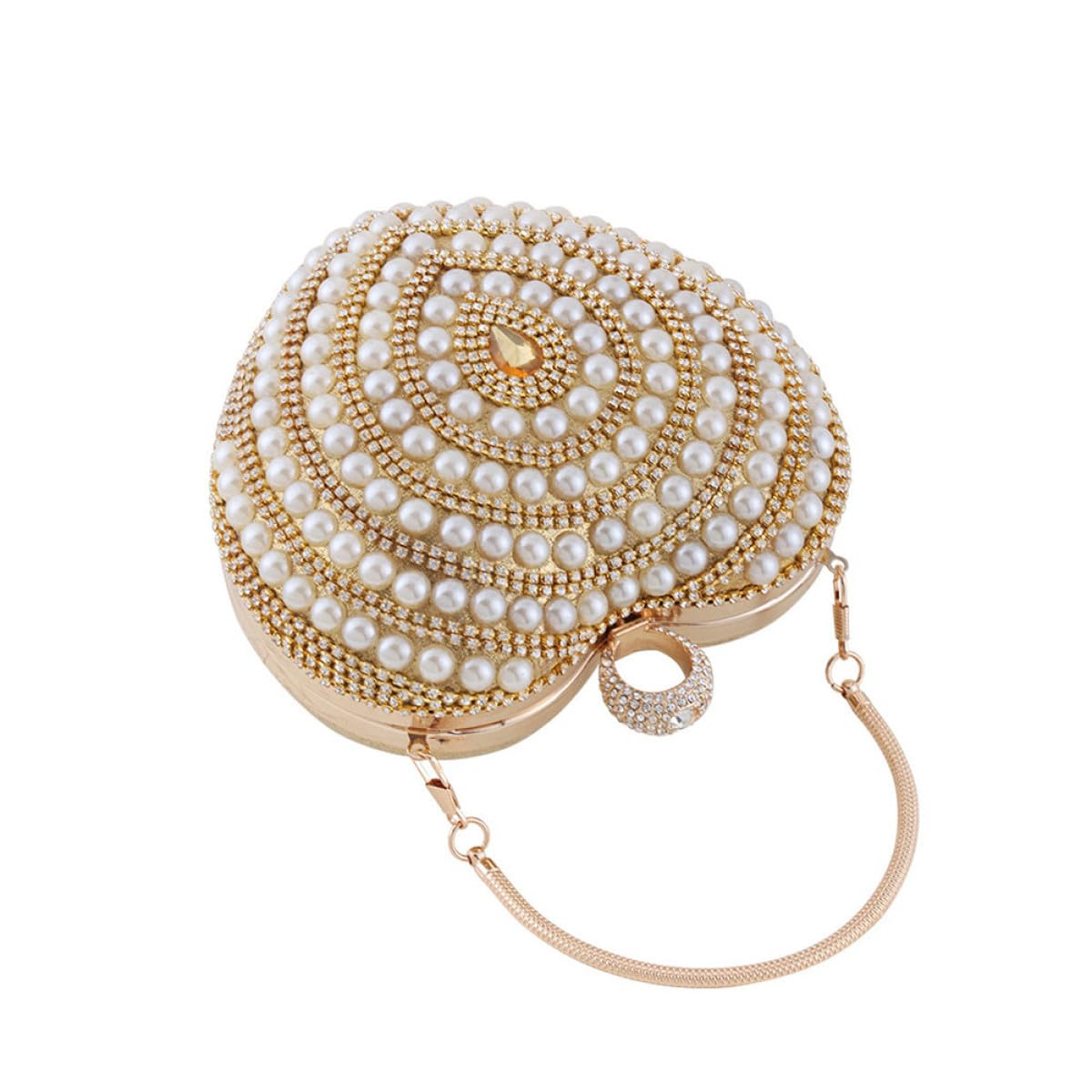 SOLUSTRE Borsetta da Notte Raffinata a Forma di Cuore con Pietre Decorative, Clutch da Donna in Poliestere e Metallo Oro, per Feste e Serate Speciali