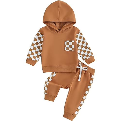 Toddler Baby Boy Clothes Set Long Sleeve Checkerboard Patchwork Hooded Tops Pants Cute Infant Newborn Fall Outfit
