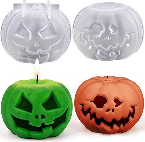 Miniatura 1 de HUAKENER Paquete de 2 moldes de velas de calabaza, moldes de velas de Halloween 3D, molde de silicona de calabaza para resina epoxi, vela, jabón