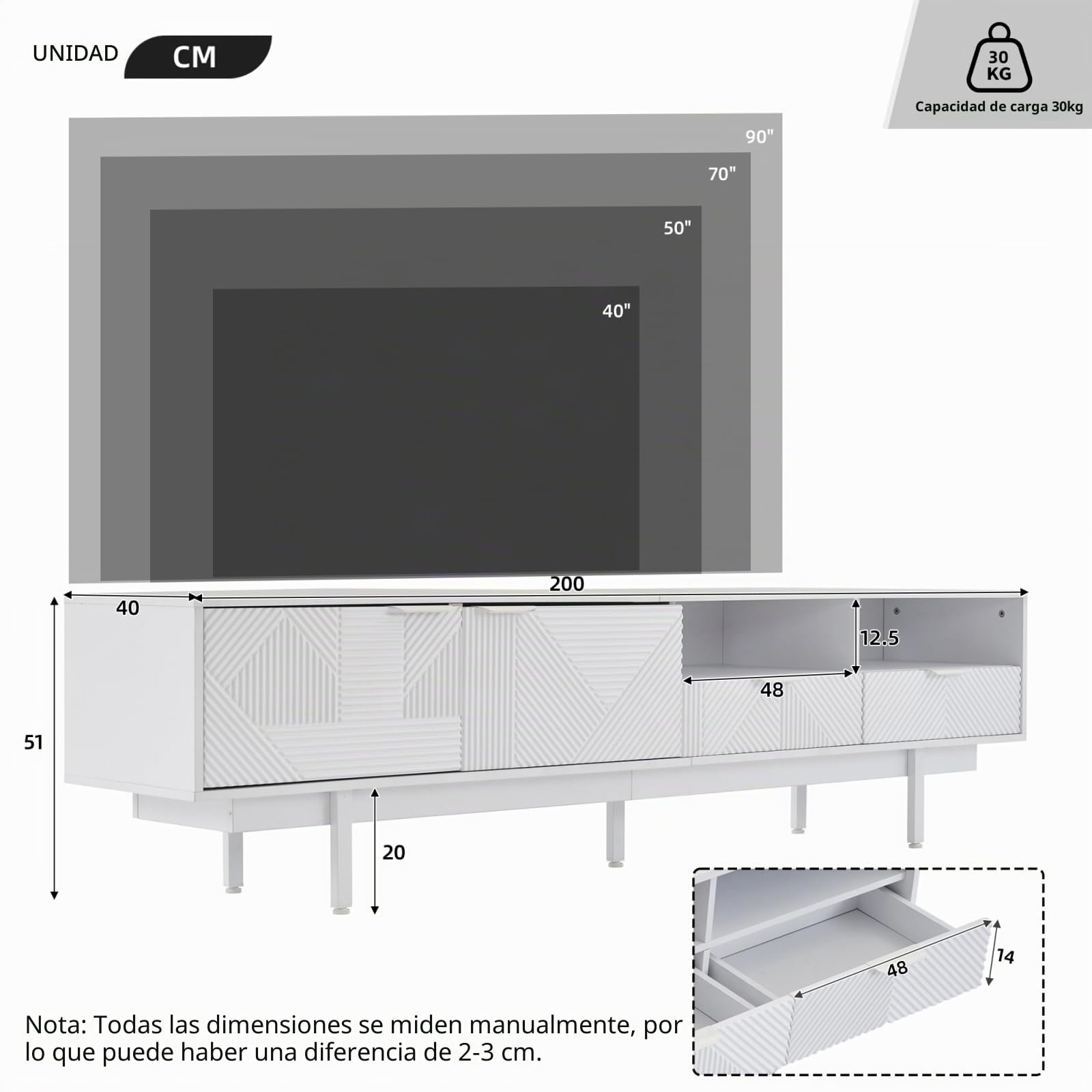 Armario bajo para TV de 200 cm de largo, con 2 puertas y 2 cajones, apto para 90 pulgadas, mesa de televisión con compartimento abierto, armario para salón, dormitorio, 200 x 40 x 51 cm, blanco