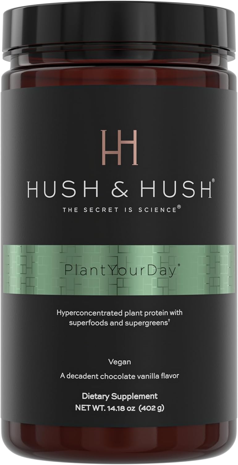 Hush & Hush PlantYourDay, Vegan Super Greens with Pea Protein Powder Contains Broccoli, Fiber, Magnesium, Folic Acid, Cinnamon, Psyllium Husk Powder, Prebiotics and Probiotics, Gluten Free - 14.18 oz