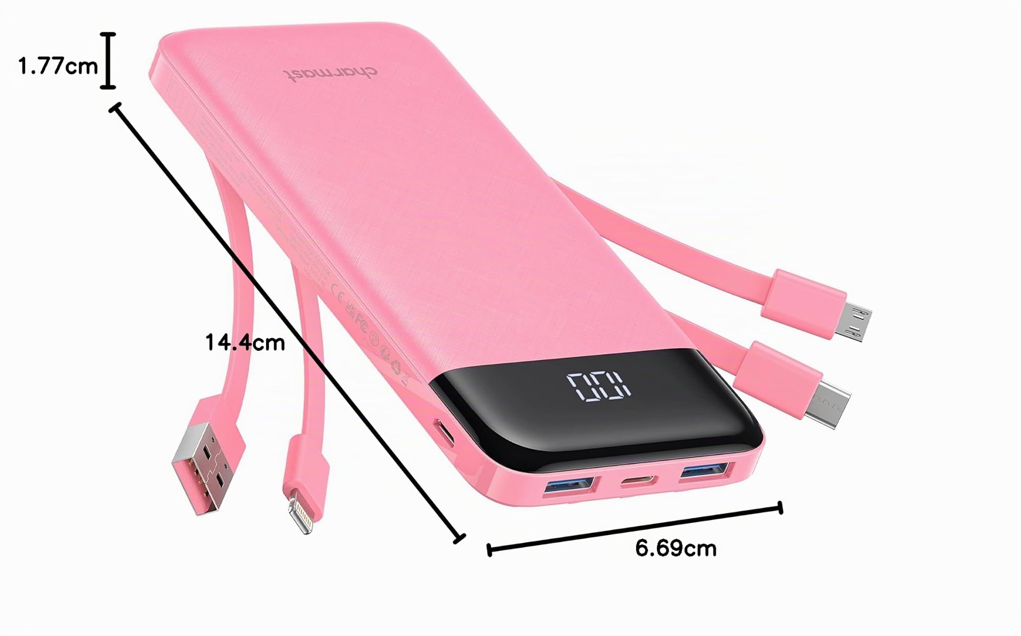 Charmast Batterie Externe 10000mAh avec 4 Câbles Intégrés Batterie Portable USB C Mince Power Bank avec 6 Sorties et 3 Entrées pour iPhone 12 13 11 Samsung S21 S22(Rose)