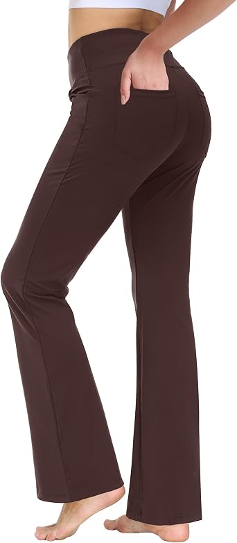 nuveti 27"/29"/31"/33"/35"/37 High Waist Workout Bootleg Yoga Pants Tummy Control 4 Pocket Workout Yoga Pants Flare Leggings Darkbrown S 27