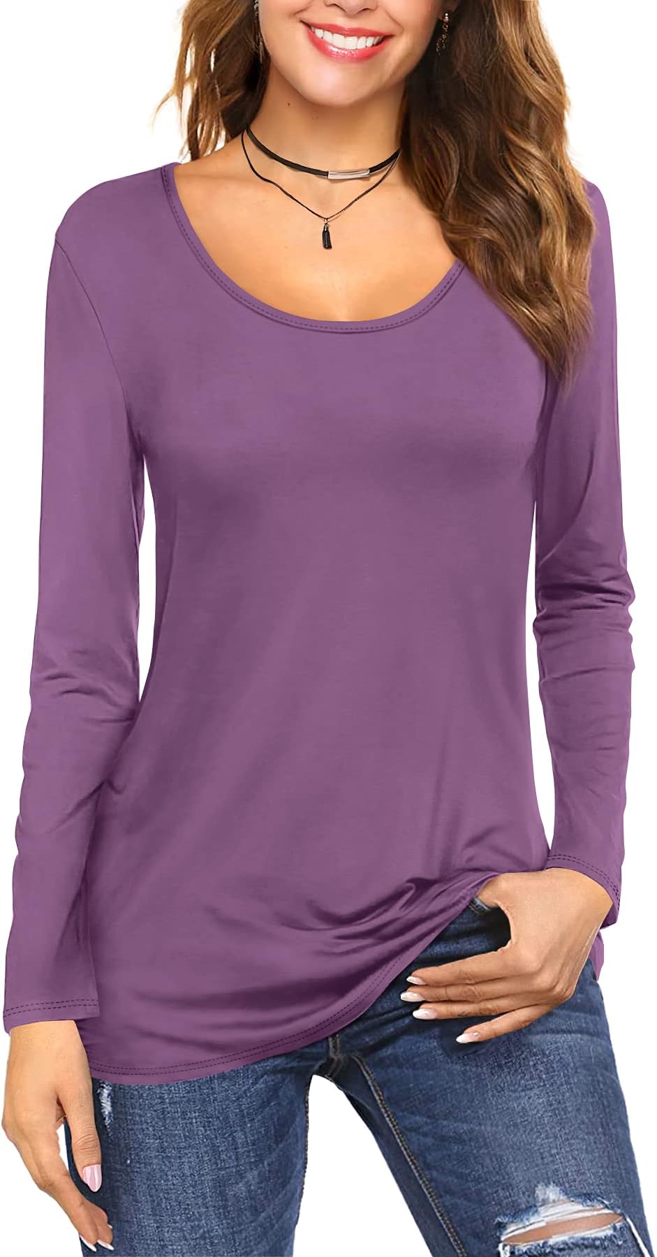 Amoretu Tops for Women Basic Long Sleeve T Shirts Plain Casual Loose Fit Round Neck Tee for Fall Clothing