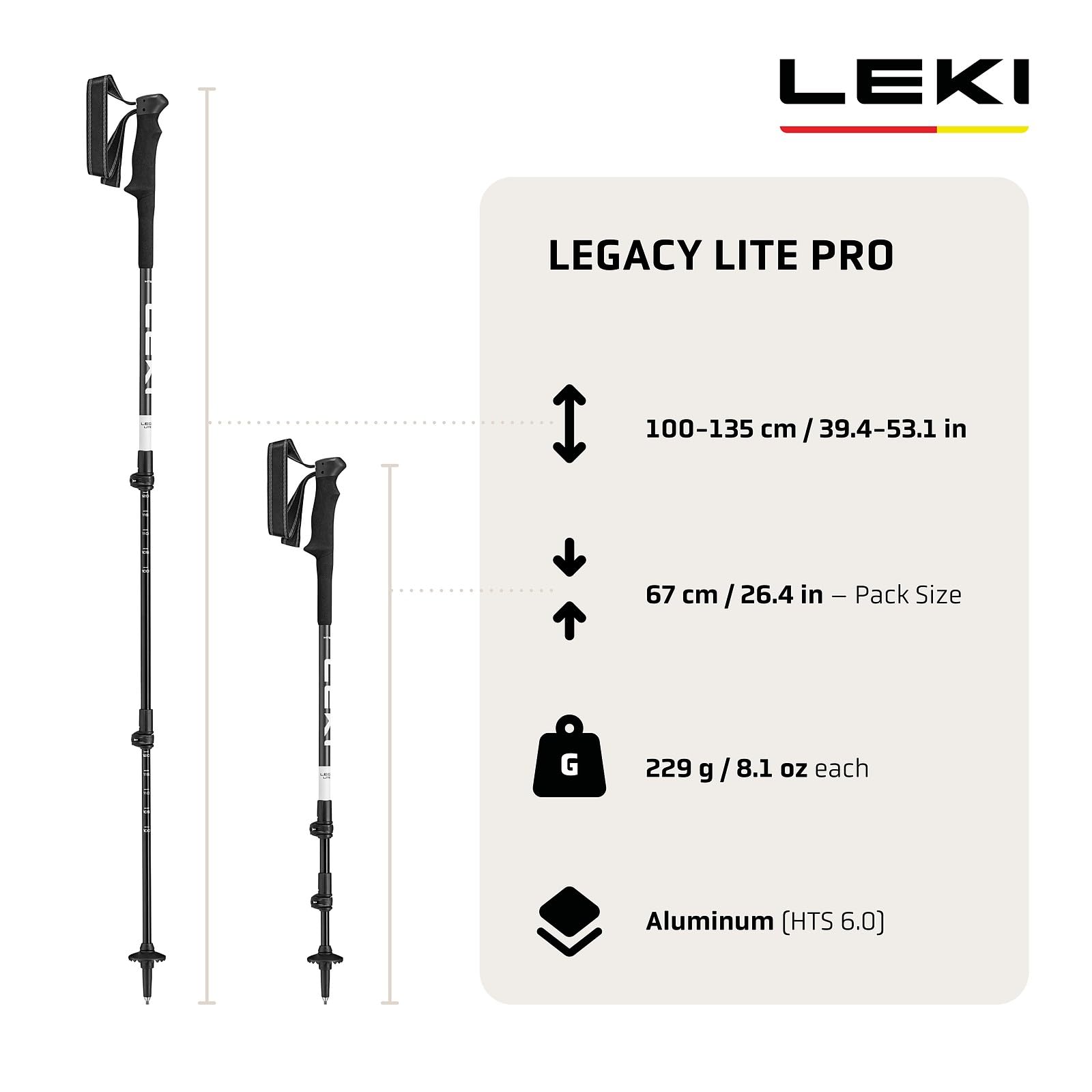 LEKI Legacy Lite Pro Bâtons de randonnée pour Homme et Femme | Bâtons de Trekking réglables en Aluminium (100-135 cm) avec Plateau de Trekking | Poignée Confortable en Mousse + Extension de poignée