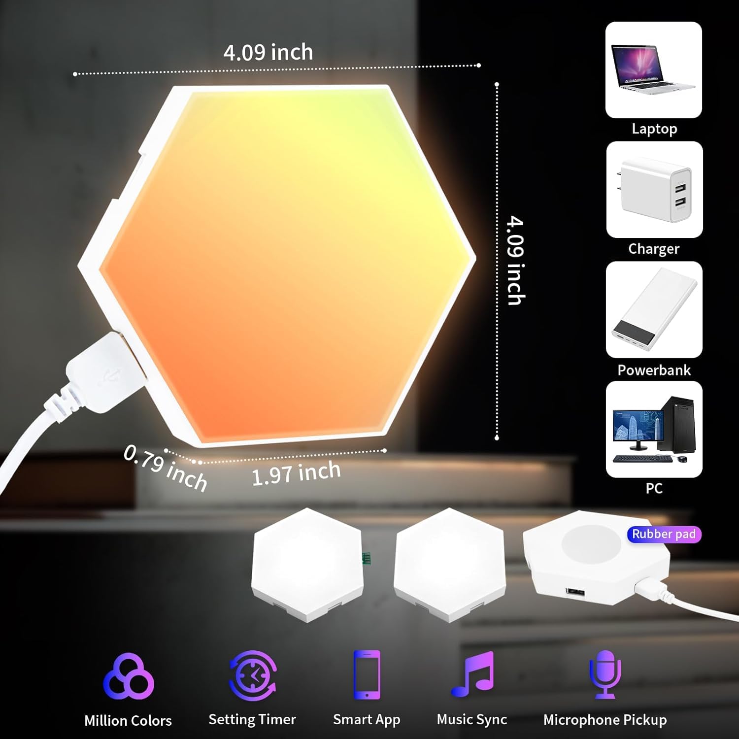 Paquete de 16 luces LED hexagonales RGB, paneles de pared con aplicación y control remoto, sincronización de música, juegos, sala de estar, dormitorio