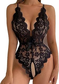 Sthxyfaith Women One Piece Lingerie Lace Bodysuit Deep V Teddy Mini Babydoll sexy Negligee